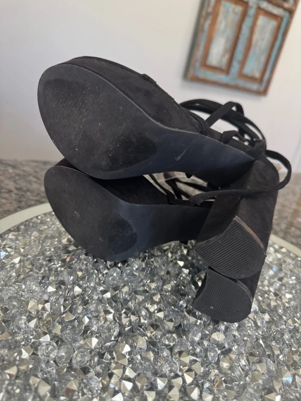 Fashion Nova Black Strappy Lace around ankle Platform Heels